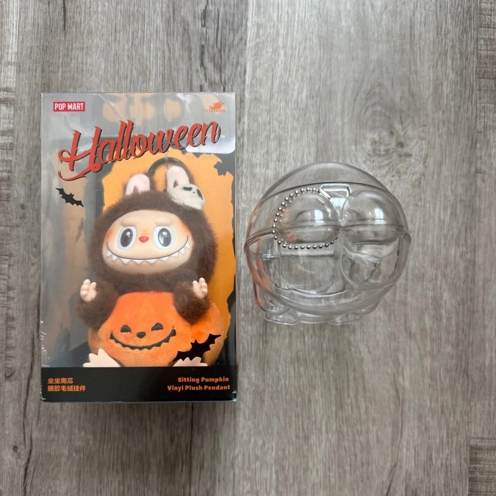 Pop Mart Happy Halloween Sitting Pumpkin Labubu with Case Plush Pendant Popmart